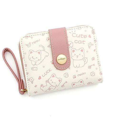 Kawaii Cat Wallet for Women Girls Cute Cartoon Cat Zipper Around Coin Purse Card Holder with Buckle ID Card Slots (Pink)