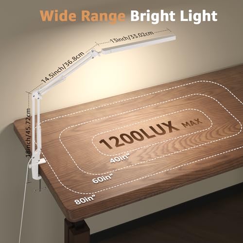 Image of Upgrade Swing Arm LED Desk Lamp with Clamp, 80 LED Beads, 5 Color Modes & 11 Brightness Levels, 360 Adjustable Arm, Eye-Caring Light CRI95, Timer & Memory Function, for Office, Study, Crafting