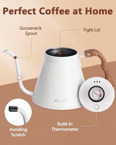 Image of Harriet Gooseneck Kettle with Thermometer for Pour Over Coffee and Tea, 37 fl oz, Stainless Steel, Durable 3-Layer Base, Ideal Spout for Precision Pouring, Compatible with all Stove Tops, White
