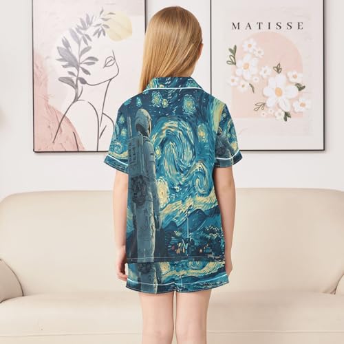 ALAZA Van Gogh Starry Night Astronaut Satin Pajamas Set Short Sleeve Button Down Sleepwear Summer Pjs 2 Piece4
