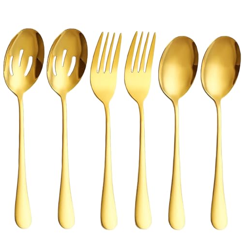 6 Pcs Golden Serving Spoons Set Forks Slotted Stainless Steel Catering Serving Utensils for Kitchen Party Buffet Banquet Cooking