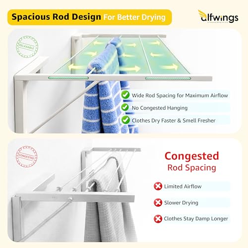 Image of Foldable Wall Mount Cloth Drying Stand | Heavy Load Capacity: Up to150 Kg | Dress Drying Hanger and Rope Metal Pipe | for Indoor, Outdoor and Balcony | (White, Pack of 2)
