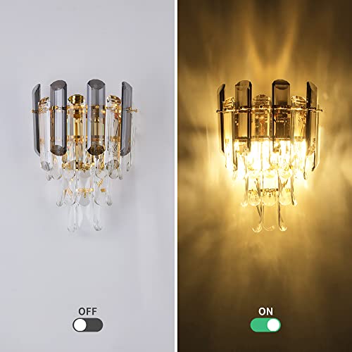 Hossee Modern K9 Crystal Wall Sconce Luxury Gold Wall Light Fixture Dimmable G9 Bedside Wall Mount Indoor Lamp For Living Room Bedroom Hallway Foyer (W 8.27” X H 11.81”) #TOP5