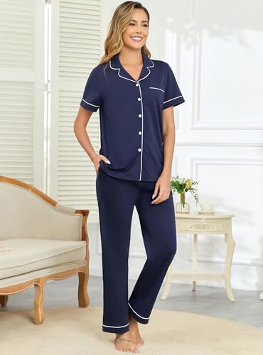 Image of Veseacky 100% Cotton Pajamas for Women Set Short Sleeve Button Down Sleepwear Soft 2 Piece Summer Pjs Lounge Sets S-XXL