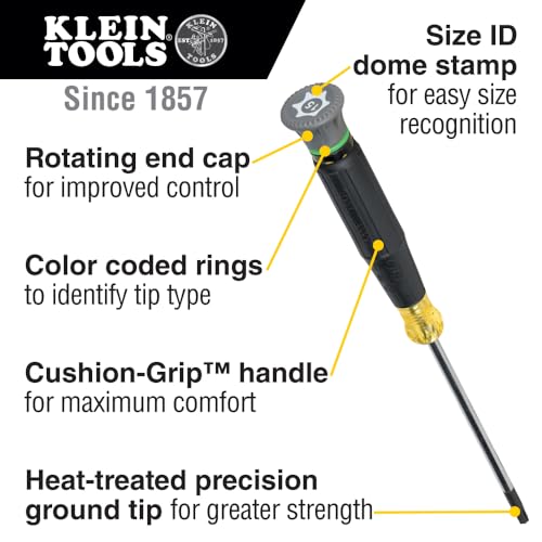 Image of Klein Tools 6303 Mini Precision Screwdriver, T6H TORX Tamperproof Tool with Cushion-Grip Handle and Color Coded Rings, 3-Inch Shank