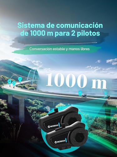 Miniatura 3 de Moman Intercomunicador Casco Moto, H2Pro 2 Vías Intercomunicador Universal 1000M DSP＆CVC Reducción de Ruido Manos Libres Moto Auriculares/Impermeable/Compartir Música/AI Voz (2 Pieza,Negro)