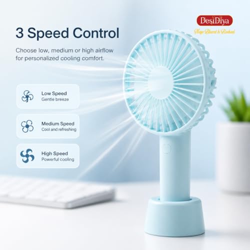 Image of Desidiya Portable Handheld Mini Fan N9 with Stand - USB /Battery Rechargeable, High-Speed Airflow for Desk, Home & Office | Random Color| Desk Fan, Rechargeable Fan