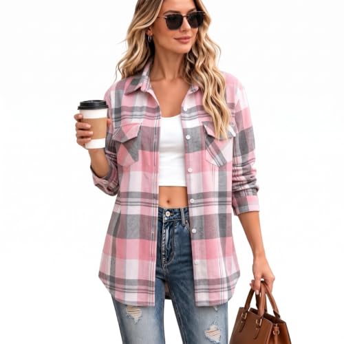 Aniywn Plaid Flannel Shirts For Women Fall Long Sleeve Button Down Blouse | Fall Button Down Shirt Women Plaid Lightweight Loose Fit Blouse Work Casual Long Sleeve Top Trendy Shirts With Chest Pockets - image 2