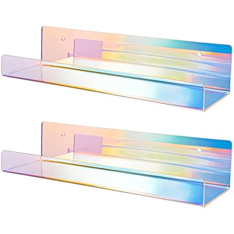 NiHome 2PCS Iridescent Wall Mounted Clear Acrylic Floating Shelves, Attom Tech 15" Thick Invisible Wall Ledge Bookshelf Kids Book Display Shelves for Home, Office, School, Business Cover