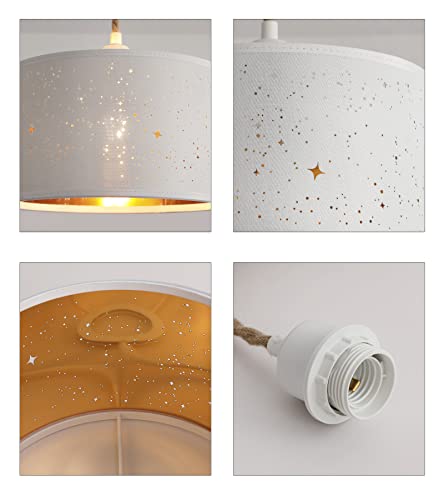 Amzasa Plug In Pendant Light,Hanging Lamp With 14.8 Ft Hemp Rope Cord,On/Off Switch White Drum Fabric Sparkling Star Effect Lampshape Light Fixture For Bedroom Living Room Dining Table #TOP6
