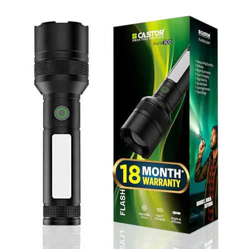Image of IBELL Castor AURA300 Rechargeable Torch Light High Power, 6 Light Modes, Telescopic Zoom, Type C Charging, LED Flashlight, Super Bright & Long Distance Range, for Home, Outdoor & Emergency Use (Black)