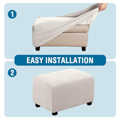 Image of H.VERSAILTEX Ottoman Cover Slipcover Rectangle Fit Length 29 inch-34 inch Footrest Sofa Slipcovers Stool Cover Footstool Protector Covers Feature Stretch Thick Soft Jacquard Fabric Removable Washable - Ivory