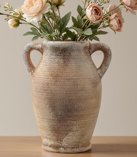 ANYZONE Ceramic Flower Vase, 8.3" Rustic Farmhouse Table Vase, Low Profile Decorative Pottery Vase for Fresh Flowers, Faux Stems, Coffee Table, Kitchen, Bathroom and Shelf Decor