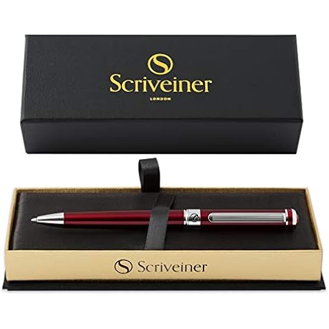 Scriveiner Deep Crimson Ballpoint Pen - Stunning Red Lacquer Luxury Pen, Chrome Finish, Schmidt Black Refill, Best Ball Pen Gift Set for Men & Women, Professional Executive Office, Nice Designer Pen Cover