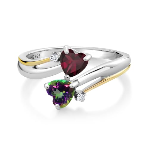 925 Silver and 10K Yellow Gold Red Rhodolite Garnet Green Mystic Topaz and White Lab Grown Diamond 2 Heart Promise Couple Engagement Mother Ring (1.17 Cttw, Available In Size 5, 6, 7, 8, 9)2