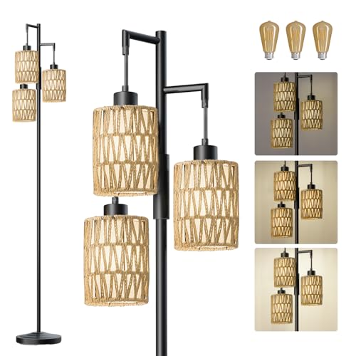 Image of Oneach 70 inch Floor Lamps for Living Room, Stepless Dimmable Boho Floor Lamp with 3 Bulbs, Tall Farmhouse Industrial Corner Standing Tree Lamp for Bedroom, Office, Study Room, Rattan with Linen Shade