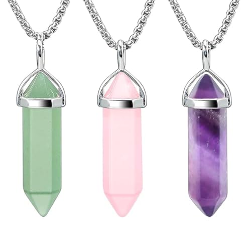 QOWIJEX 3 Pièces Collier Hexagonal Pierre Pointe Pendentif Prisme Cristal Pointu Semi Precieuse Guérison Protection Femmes-Améthyste, Quartz Rose et...