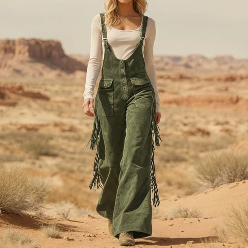 Image of Womens Suede Fringe Sexy Cowgirl Jumpsuits Country Concert Western Cargo Overalls High Waisted Romper Vintage Outfit