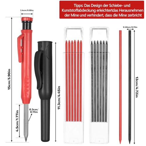 2er Tieflochmarker Bleistift Baustellen Bleistifte, Zimmermannsbleistifte Bohrlochmarker mit 12 Bleistiftminen, Tischler Bleistift Tiefenlochmarker für Schreinerei Baubleistift Handwerker Carpenter