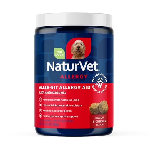 NaturVet Aller-911 Advanced Allergy Aid for Dogs, Cats – Antioxidant-Rich Pet Supplement with Omegas, DHA, EPA – Helps Support Dog Immune System, Cat Respiratory Health, Skin Moisture 180 Soft Chews