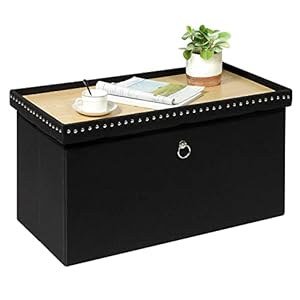 Bonlife Folding Ottoman Storage Bench,Foldable Seat with Tray,Large Footstool for Living Room,Black Linen Footrest Stool,80X40X40CM