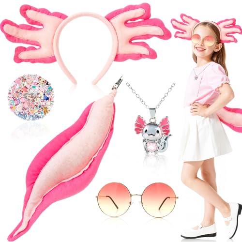 Kyndara 5Pcs Animal Axolotl Costume Accessories for Kids, Pink Axolotl Headband and Tail Set with Necklace Sunglasses Stickers for World Book Day Halloween Birthday Cosplay Party