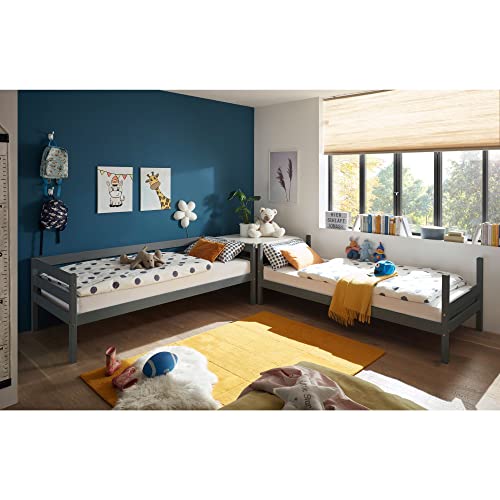 Stella Trading CASPER Modernes Hochbett mit Leiter und zwei Liegeflächen 90 x 200 cm - Platzsparendes Kinder Etagenbett teilmassiv Kiefer, Grau - 97 x 140 x 207 cm (B/H/T)