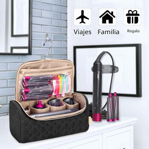 Miniatura 7 de Yarwo Bolsa Protecdora De Viaje Para Hair Curler Accesorios, Bolsa De Almacenamiento, Estuche Portátil Organizadora Con Gancho De Colgar Para Accesorios Para Rizadores De Pelo, Negro