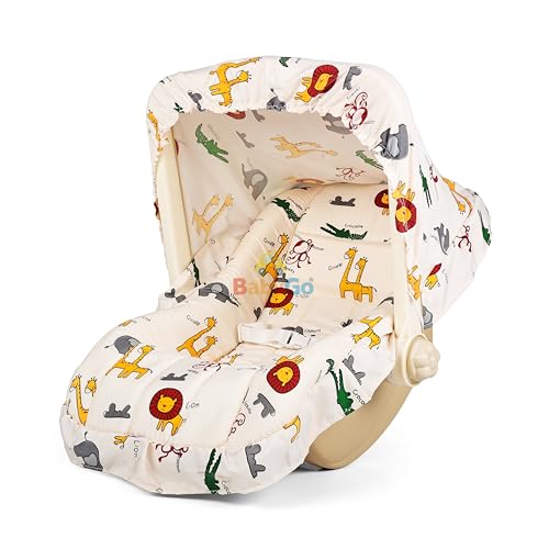 BabyGo 5-in-1 Baby Carry Cot & Rocking Chair with Adjustable Handle, Safety Belt, Large Canopy, Anti-Mosquito Net & Washable Double Cushion Seat for Newborns & Infants – Beige
