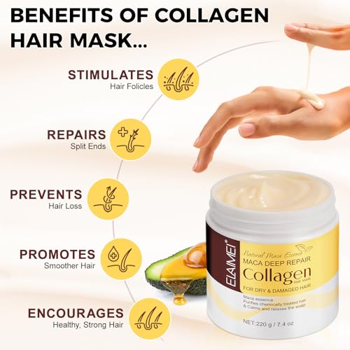 Mascarilla capilar de colágeno, 220 ml, máscara de colágeno de reparación profunda para cabello seco y dañado, acondicionador con aceite de argán, para todo tipo de cabello, suaviza la hidratación y - imagen 3