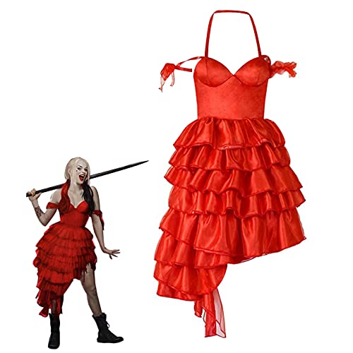 Harley Quinn Red Dress Cosplay Suicide Squad 2 Costume Women Super Villain Pleated Dress Halloween Party (XX-Large)
