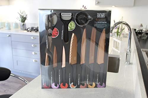 Taylors Eye Witness Rose Gold Coloured Knife Set - 7 Piece Chefs/Cooks Knives, with Scissor, Veg Peeler, Sharpener. Razor Sharp Titanium Nitride Blades. Soft Grip Handles. 2 Year Guarantee.