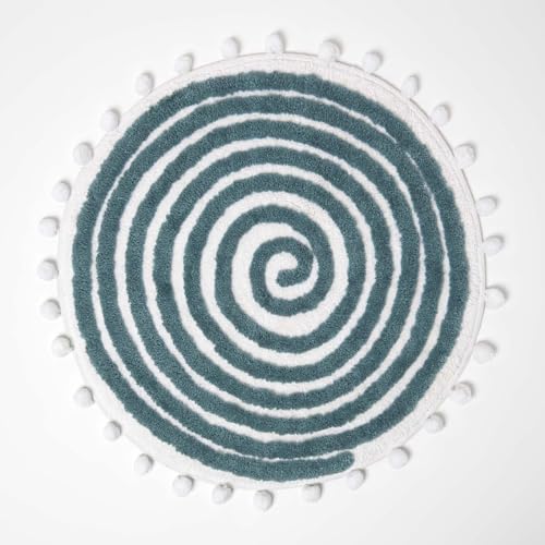 Homescapes Spiralmuster Badteppich getuftet mit Bommeln, runde Badematte 60 cm Petrol-weiß, Badvorleger Baumwolle