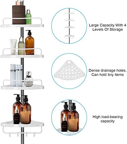 Trintion Telescopic Corner Shower Shelf 4 Tier Bathroom Corner Storage No Drilling Shower Shelves Adjustable Height 305-110 CM Shelf Storage Shower Caddy White