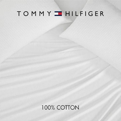 Image of Tommy Hilfiger - Full Size Sheet Set, Crisp & Tailored Cooling Sheets with a Smooth Cotton Percale Lightweight Feel - Bed Sheets with Matching Pillowcases & Fitted Sheet (Monogram Stripe Grey)