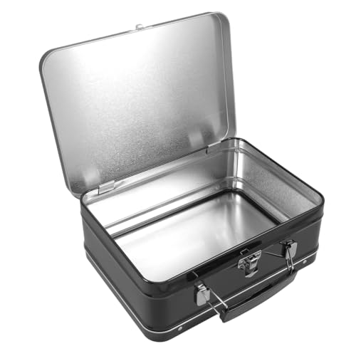 STOBAZA Retro Tin Lunch Box with Lock Hinged Lid Metal Food Container for Sandwiches Fruits Nuts Vegetables Reusable Snack Box for Family Picnics and Outdoor Hiking Small Black