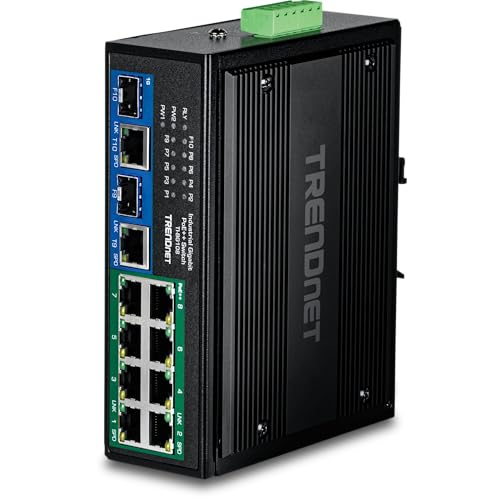 Image of TRENDnet 10-Port Industrial Gigabit 400W PoE++ DIN-Rail Switch, TI-BG108, 8 x Gigabit PoE++ Ports, 2 x Gigabit Shared Ports (RJ-45 / SFP), 20Gbps, 400W (Renewed)