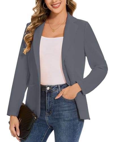 Image of MINTLIMIT Women Blazer Jackets Casual Notched Lapel Suit Coat with Buttons Pockets Outerwear (Dark Grey L)
