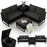 Juskys Polyrattan Lounge für 4 Personen – Outdoor Gartenmöbel Set Santorini mit Beistelltisch & Auflagenbox, wetterfeste Lounge Möbel als Balkonmöbel Sitzecke – Schwarz