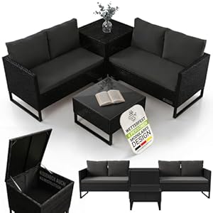 Juskys Polyrattan Lounge für 4 Personen – Outdoor Gartenmöbel Set Santorini mit Beistelltisch & Auflagenbox, wetterfeste Lounge Möbel als Balkonmöbel Sitzecke – Schwarz