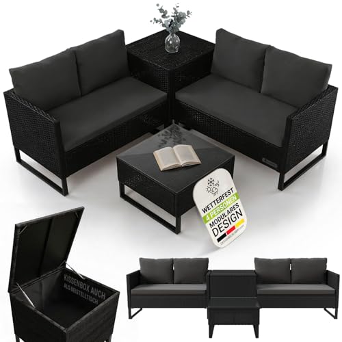 Juskys Outdoor Polyrattan Lounge Santorini - Gartenlounge mit Beistelltisch & Auflagenbox - Gartenmöbel Set Rattan Sitzecke wetterfest - Schwarz