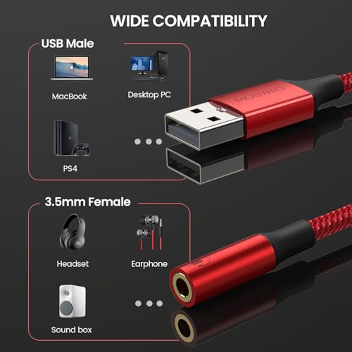 Image of MOSWAG USB to 3.5mm Jack Audio Adapter,USB to Aux Cable with TRRS 4-Pole Mic-Supported PC to Headphone AUX Adapter External Sound Card for PC PS4 PS5 and More (0.65Ft /20cm(3pack), Red)