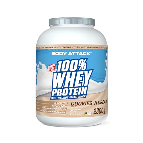 Body Attack 100% Whey Protein - Cookies n Cream, 2,3kg - Made in Germany - extra cremiges Eiweißpulver mit Hydrolysat und BCAA´s, unterstützt Muskelaufbau und Diäten, für alle Sportler & Athleten