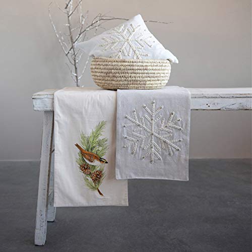 Creative Co-Op 72" L X 14" W Cotton Table Runner W/Metallic Thread, Embroidered Snowflake & Jingle Bells, Cream Color Entertaining Textiles, Multi #TOP1