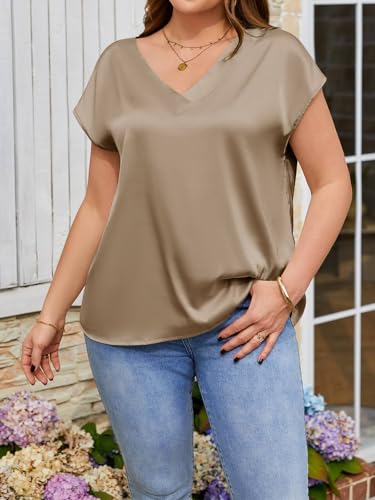 Beautife Womens Plus Size Tunic Tops Satin V Neck Cap Sleeve Shirts Summer Dressy Casual Blouses Champagne — view 5