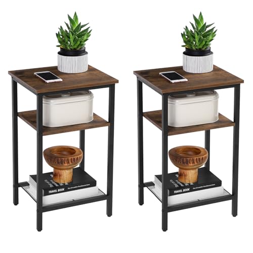 VASAGLE Nightstands Set of 2, 3-Tier End Table, Side Desk for Small Space in Living Room, Bedroom, Steel Frame, Easy Assembly, 2-Pack, Chestnut Brown and Black