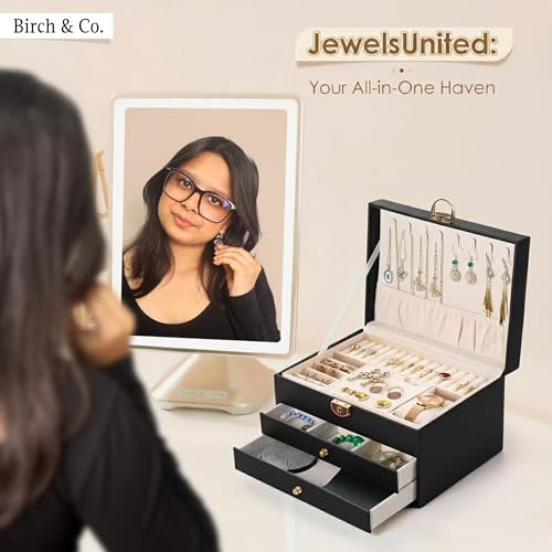 Image of Birch & Co. Jewellery Box - 3 Layer jwell organizer storage box, Portable Travel-Friendly Storage. Elegant Storage Case for Rings, Earrings, Necklaces & Bracelets, Black