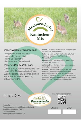 Kaninchenfutter 5kg Memmendorfer Kaninchenmix, Hochwertiges Futter mit Gerste, Kräuter und Luzerne aus Deutschland, Alleinfuttermittel für Kaninchen