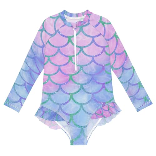 Girls One Piece Swimsuits Long Sleeve Swimsuit Zipper Bathing Suits Blue Mermaid Scales Rainbow Fish Tale - Main Image