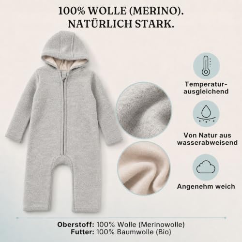Hofbrucker® PREMIUM WOLL WALKOVERALLl | AUS 100% Merino Schurwolle mit Reißverschluss | Weicher Strapazierfähiger Walk-Anzug für Kleinkind & Baby | Für Herbst Winter & Frühling (Grau Melange, 86-92) – Bild 4